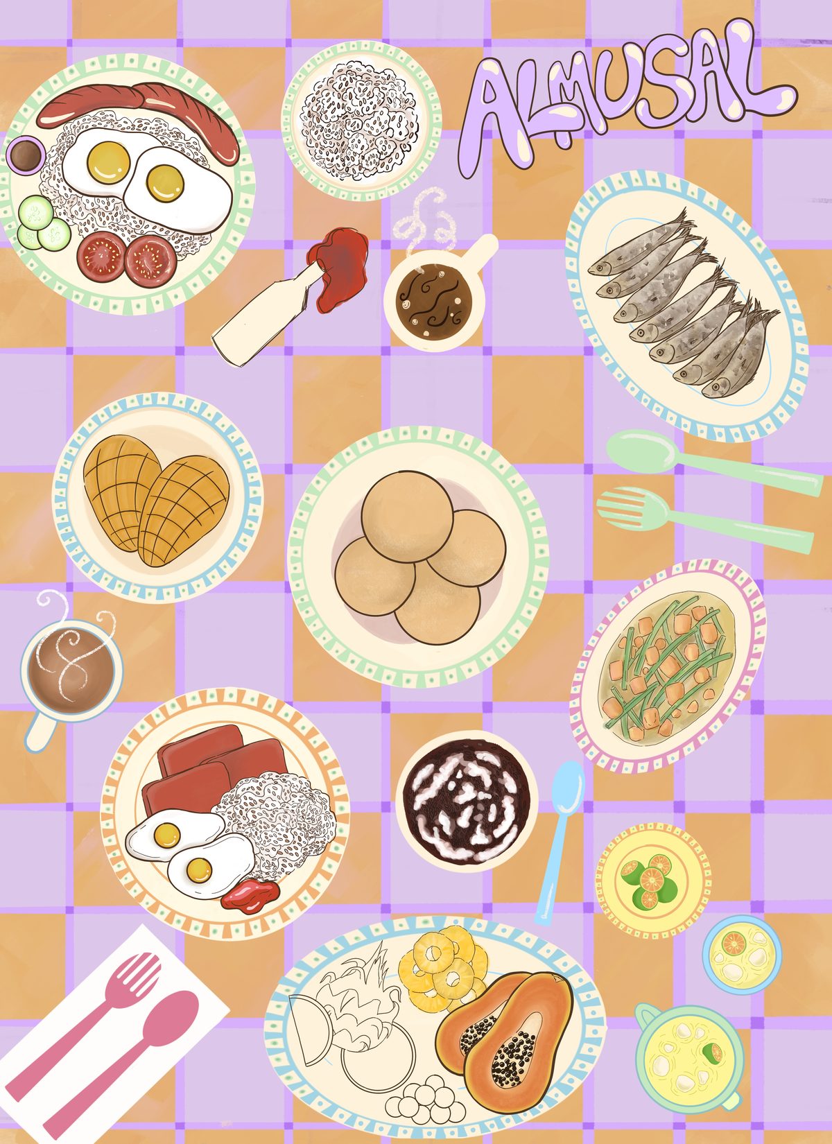 Almusal: a top-down Filipino breakfast spread on a lilac and orange gingham tablecloth