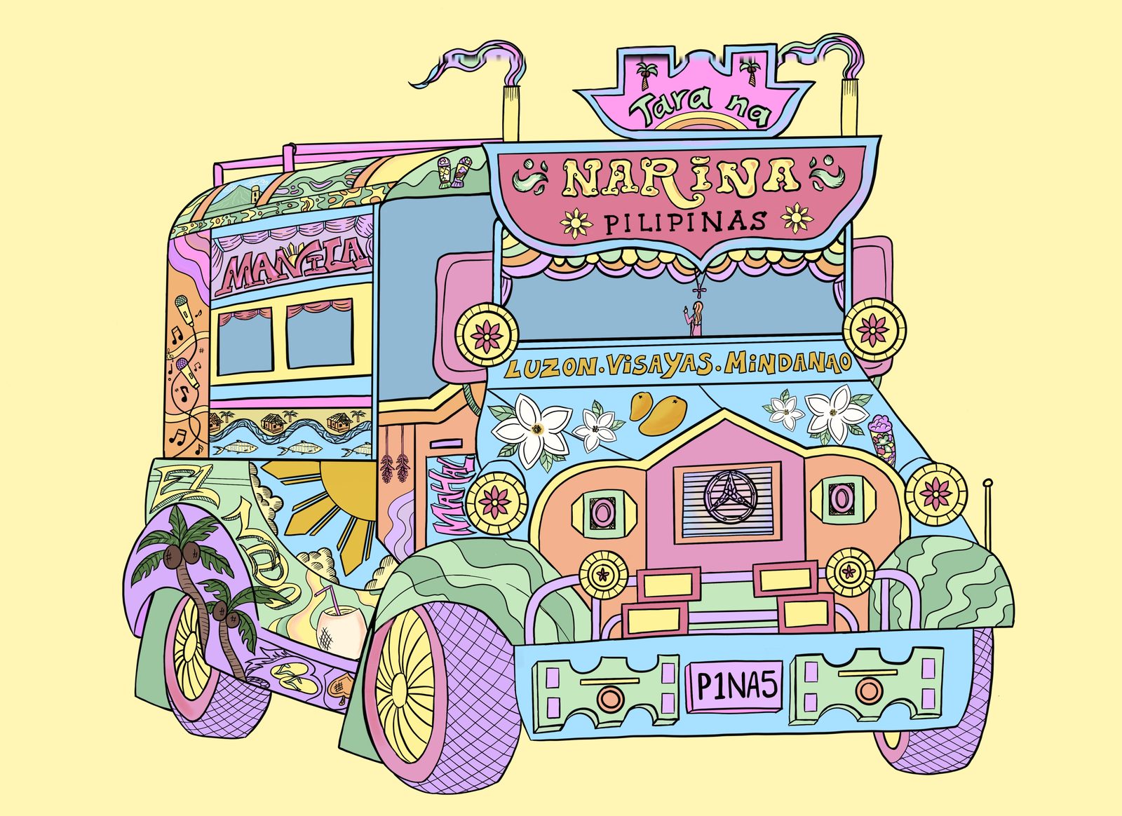 The Narina jeepney print: a fully decorated pastel jeepney on a butter-yellow background