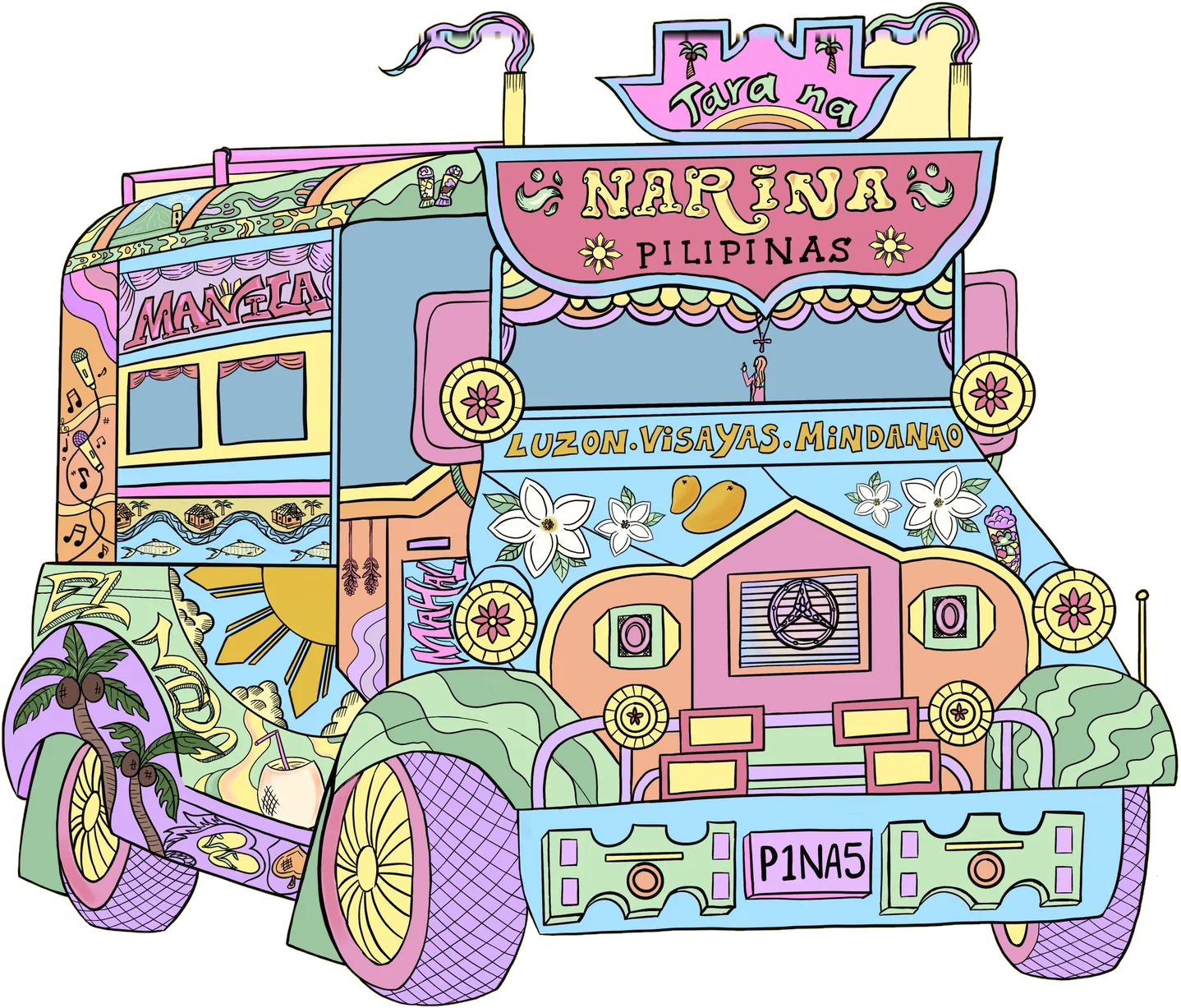 A hand-drawn pastel jeepney with 'Tara na' on its roof sign and 'Narina Pilipinas' across the front