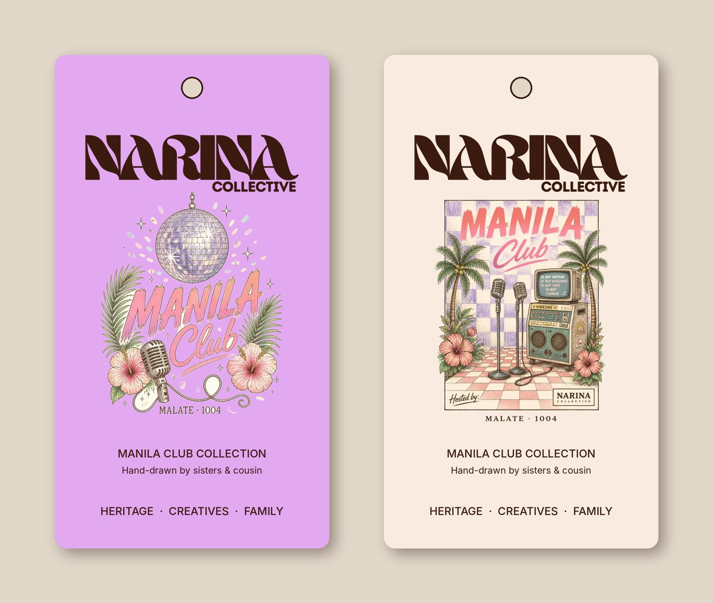 Narina swing tags in lilac and cream