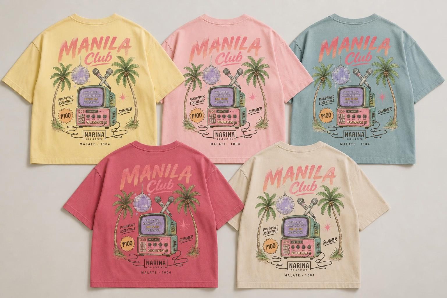 Manila Club scatter print on five tees